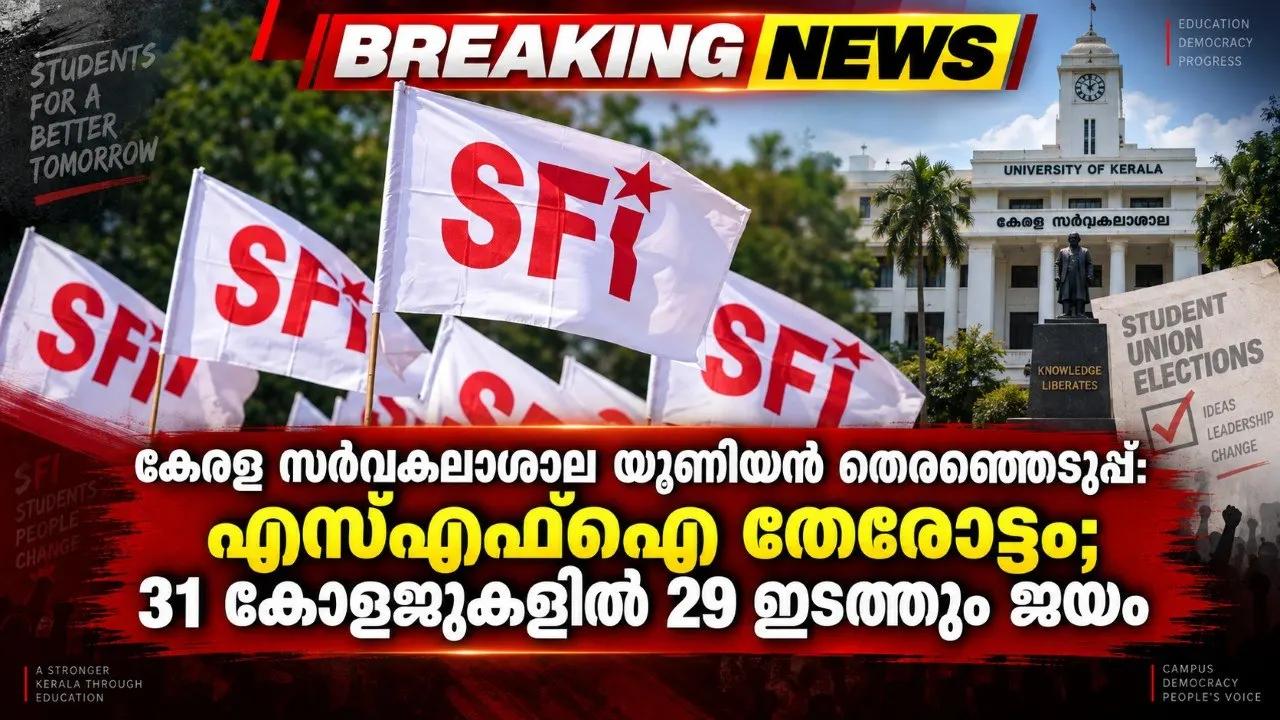 കേരള സര്‍വകലാശാല യൂണിയന്‍ തെരഞ്ഞെടുപ്പ്: എസ്എഫ്‌ഐ തേരോട്ടം; 31 കോളജുകളില്‍ 29 ഇടത്തും ജയം