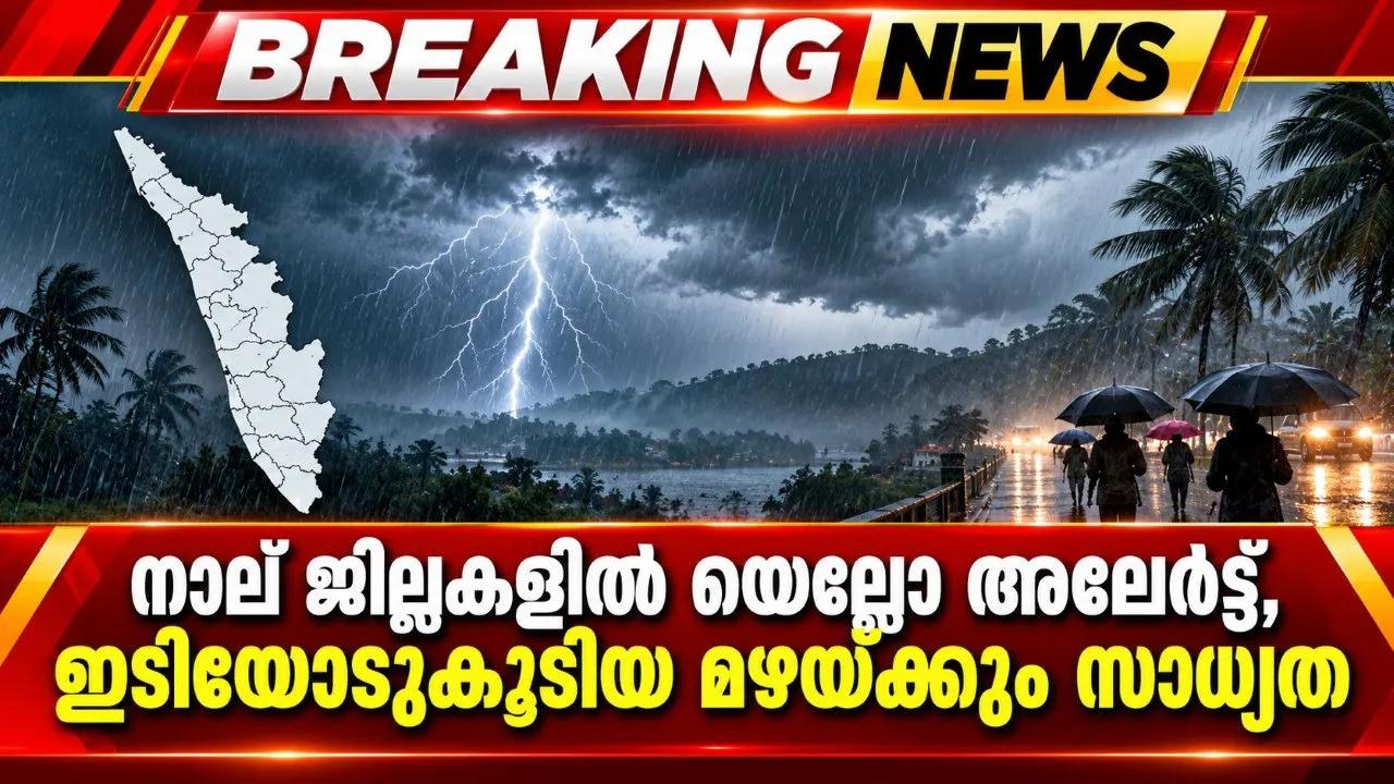 നാല് ജില്ലകളിൽ യെല്ലോ അലേർട്ട്, ഇടിയോടുകൂടിയ മഴയ്ക്കും സാധ്യത
