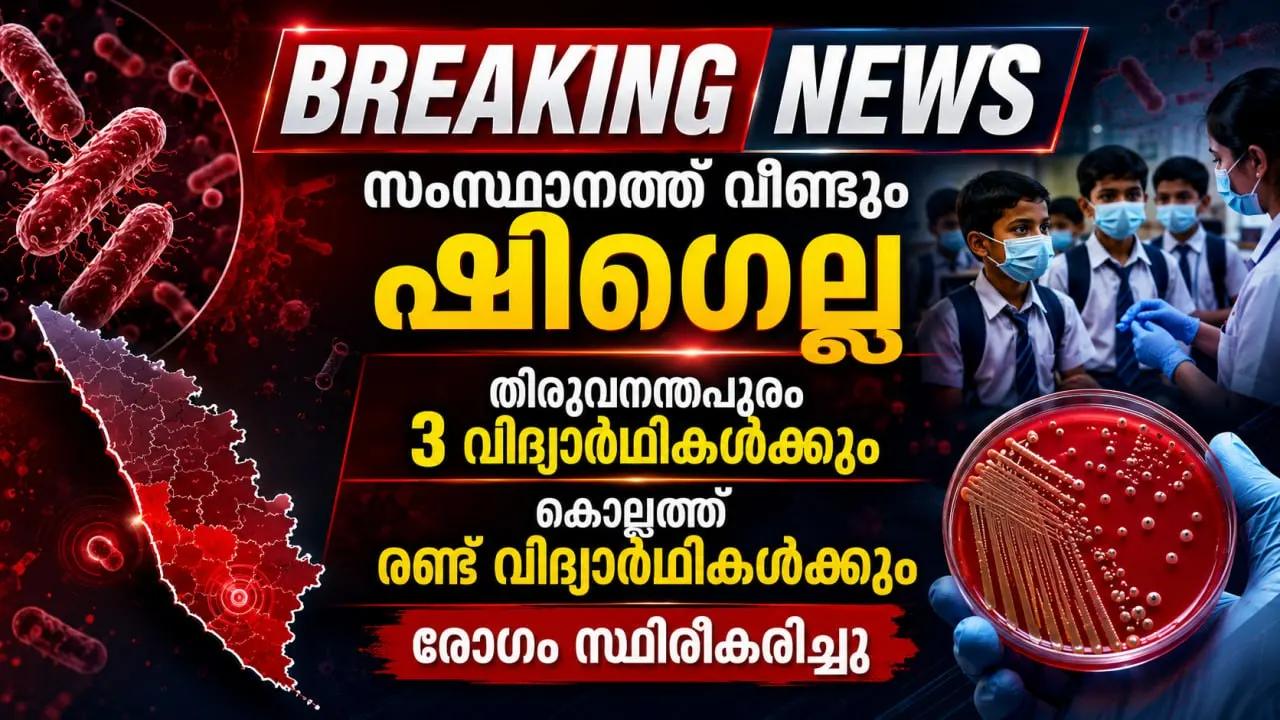 സംസ്ഥാനത്ത് വീണ്ടും ഷിഗെല്ല; തിരുവനന്തപുരത്ത് 3 വിദ്യാർഥികൾക്കും കൊല്ലത്ത് രണ്ട് വിദ്യാർത്ഥികൾക്കും രോഗം സ്ഥിരീകരിച്ചു